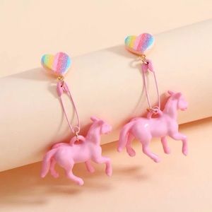 🐎 Awesome Pastel Pink Horse Pony Colorful Heart Tassel Safety Pin Stud Earrings